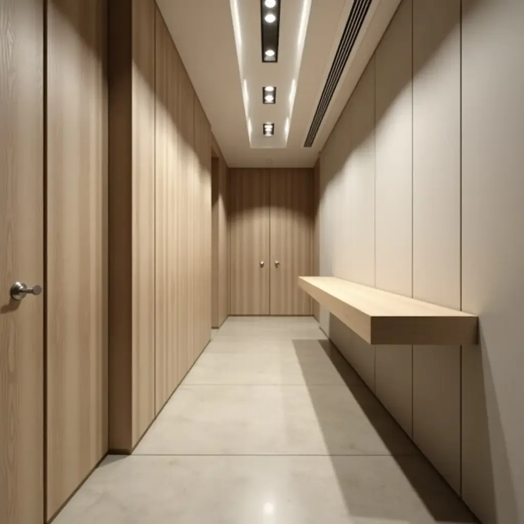 a photo of a narrow corridor with a wall-mounted desk