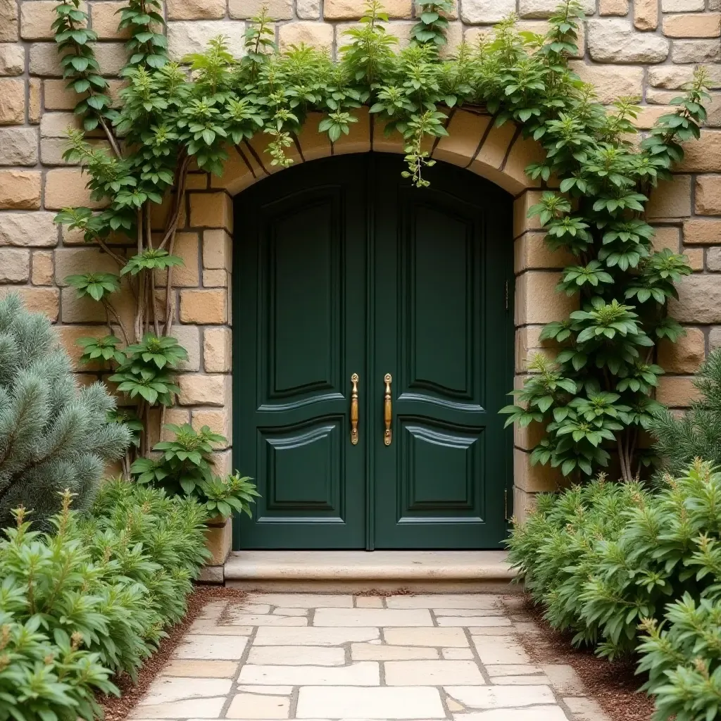 a photo of an entrance adorned with fragrant herbs and Mediterranean plants