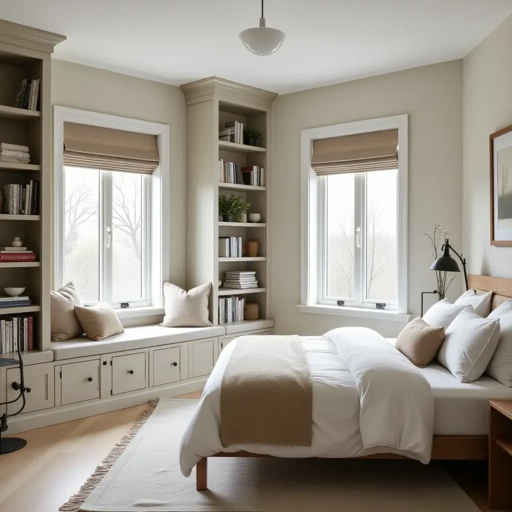 a photo of a cozy farmhouse-inspired bedroom with a window seat and bookshelves