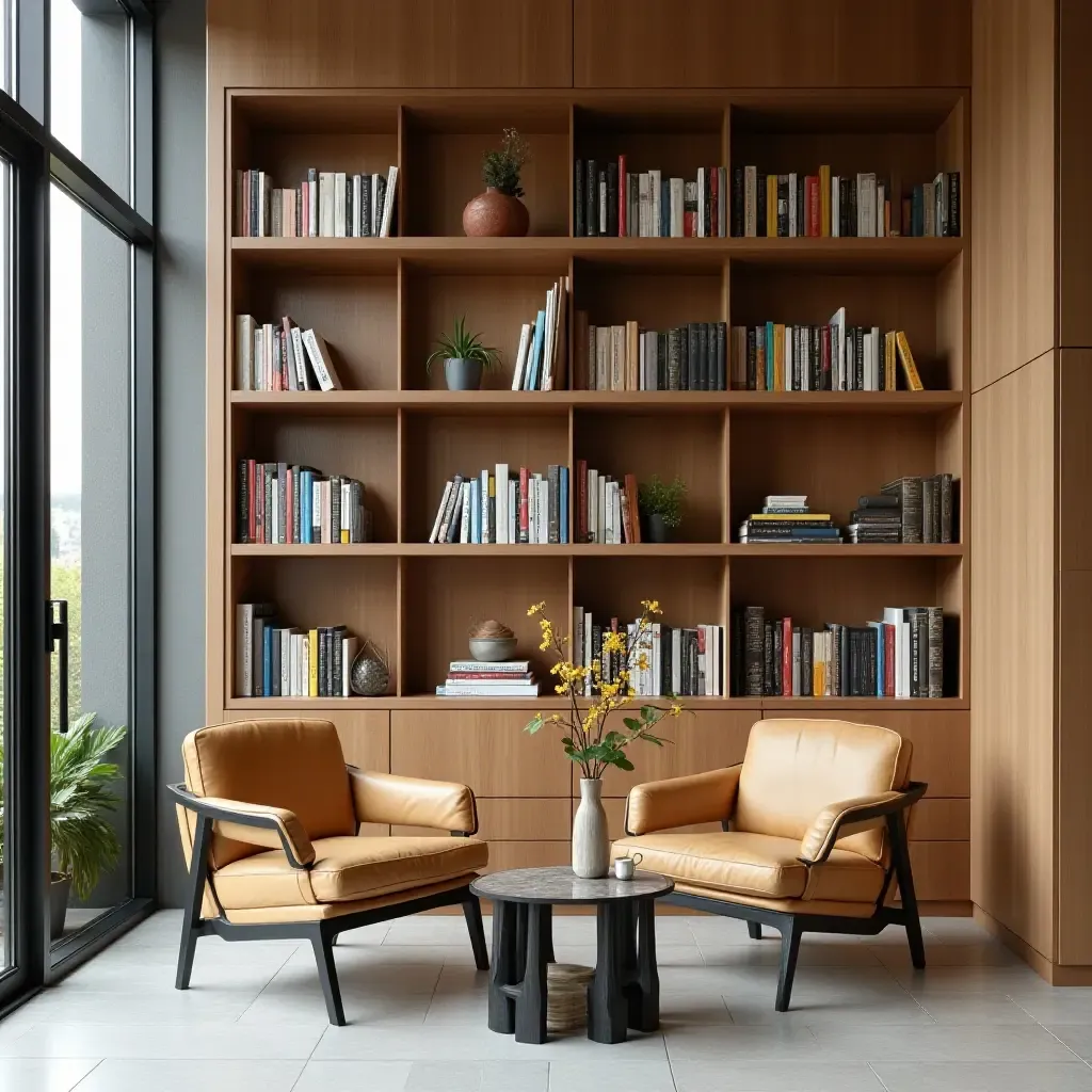 a photo of a modern library with floating shelves and colorful bookends