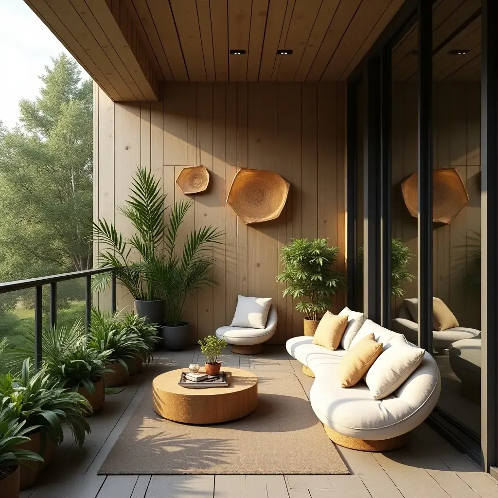 a photo of a balcony featuring wooden art pieces and greenery