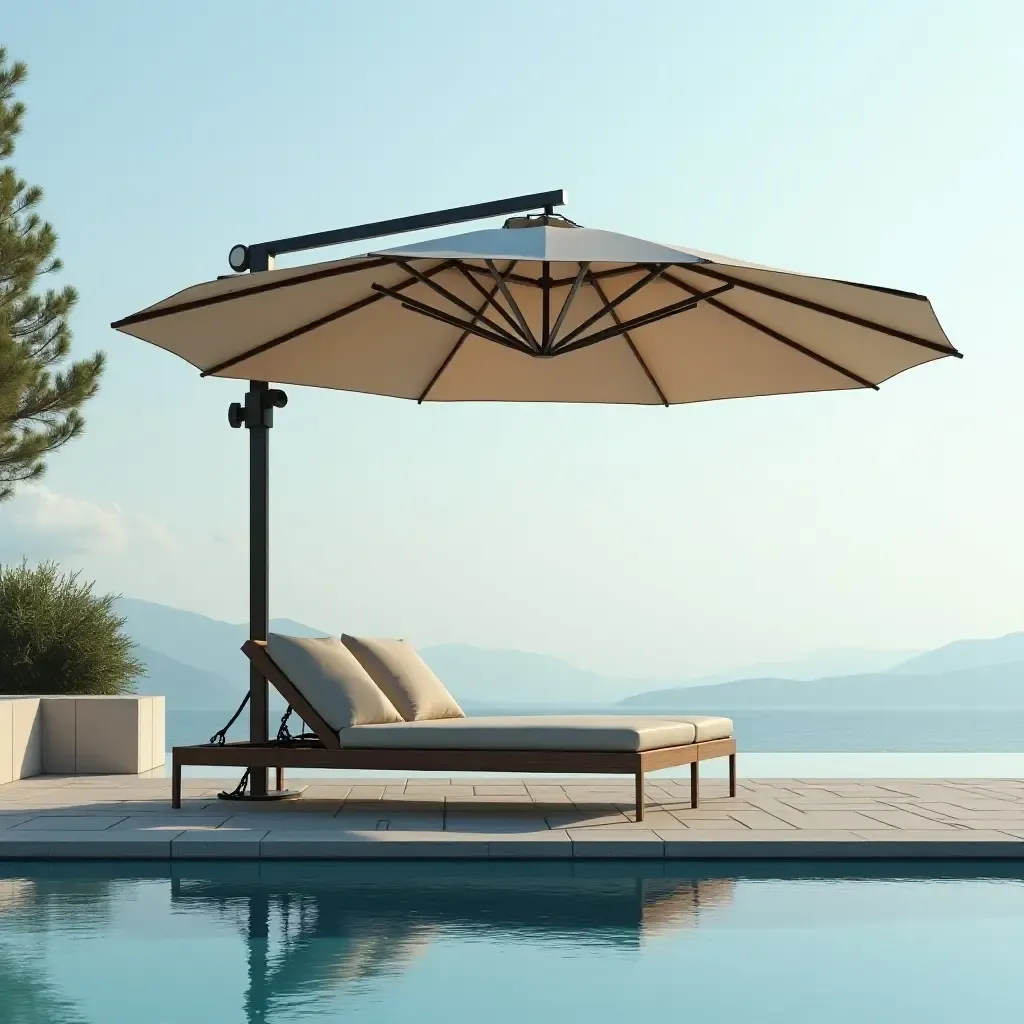 a photo of a large, industrial-style umbrella shading a pool chair