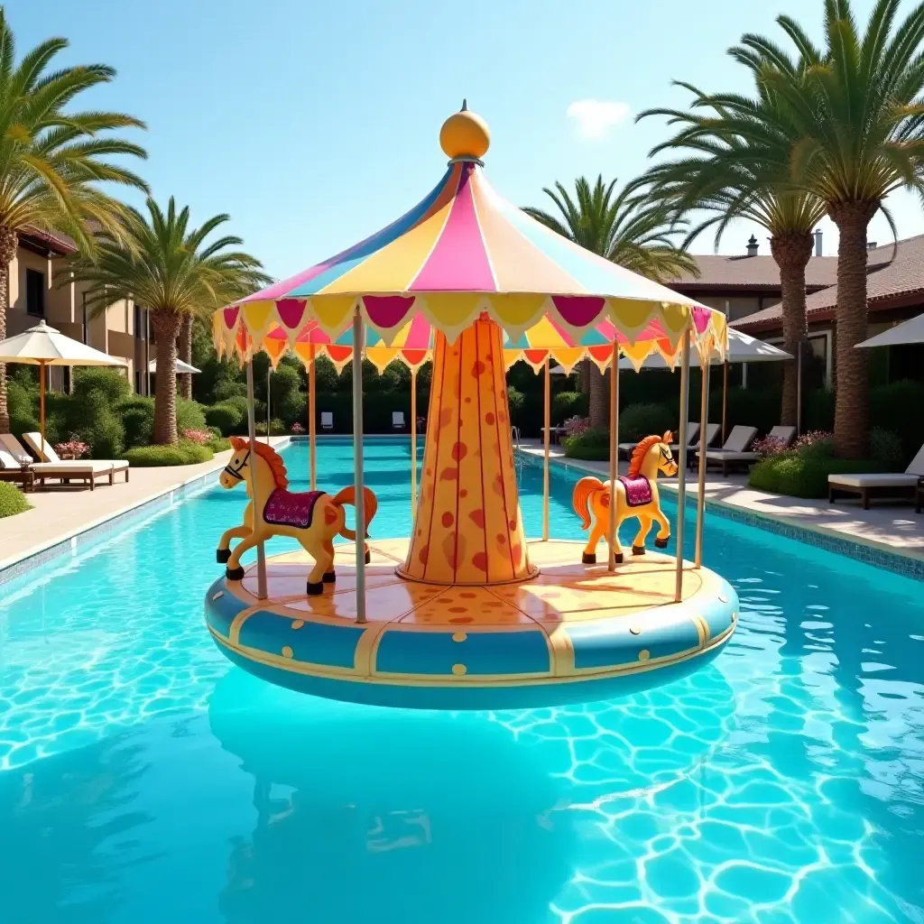 a photo of a pool area featuring a whimsical carousel-themed float