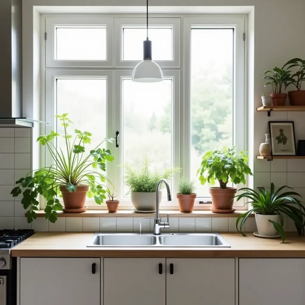 a photo of a kitchen with a stylish plant-filled window ledge