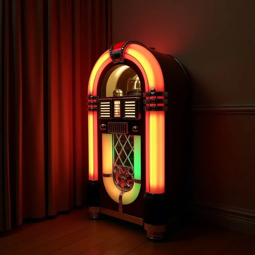 a photo of a retro jukebox playing classic tunes in the corner