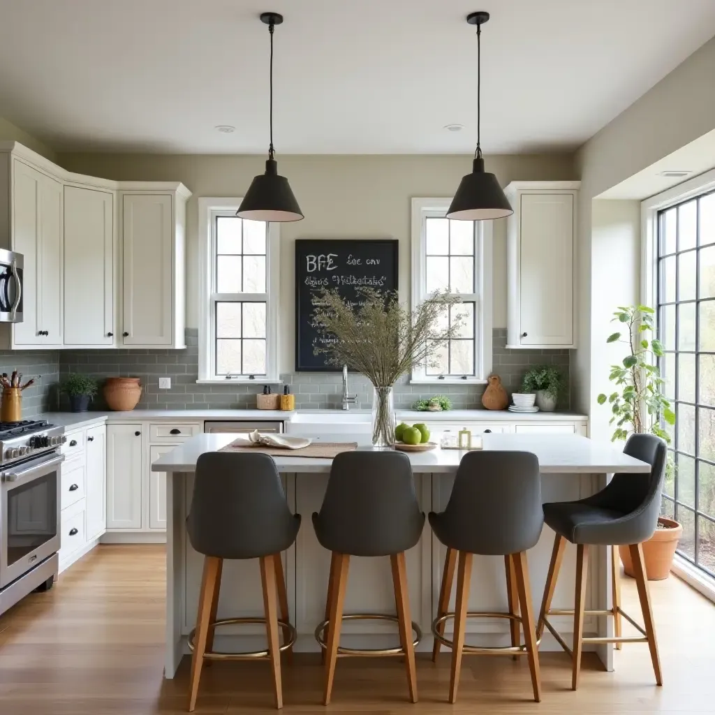 a photo of a bright and airy kitchen featuring chalkboard accents and stylish bar stools