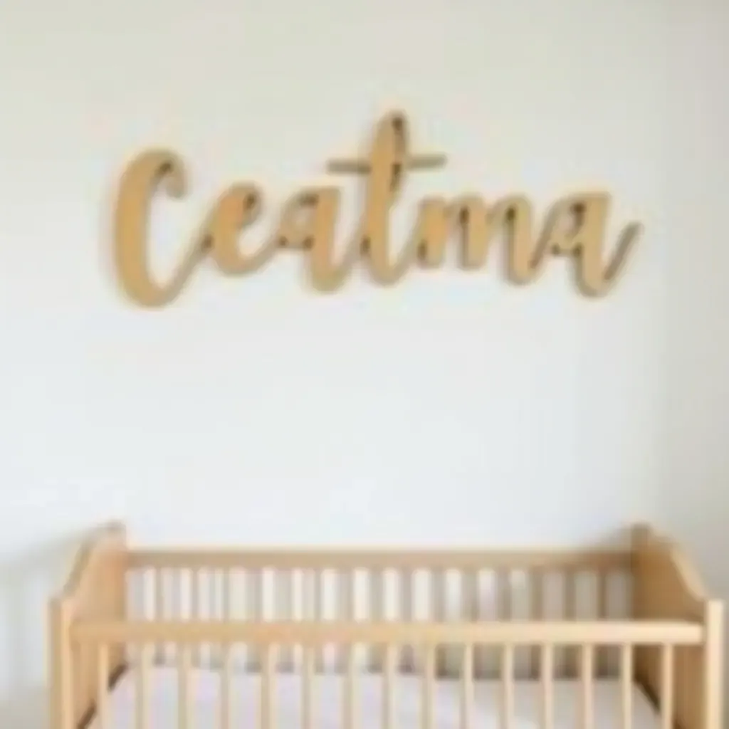 a photo of a nursery with a wooden name sign above the crib