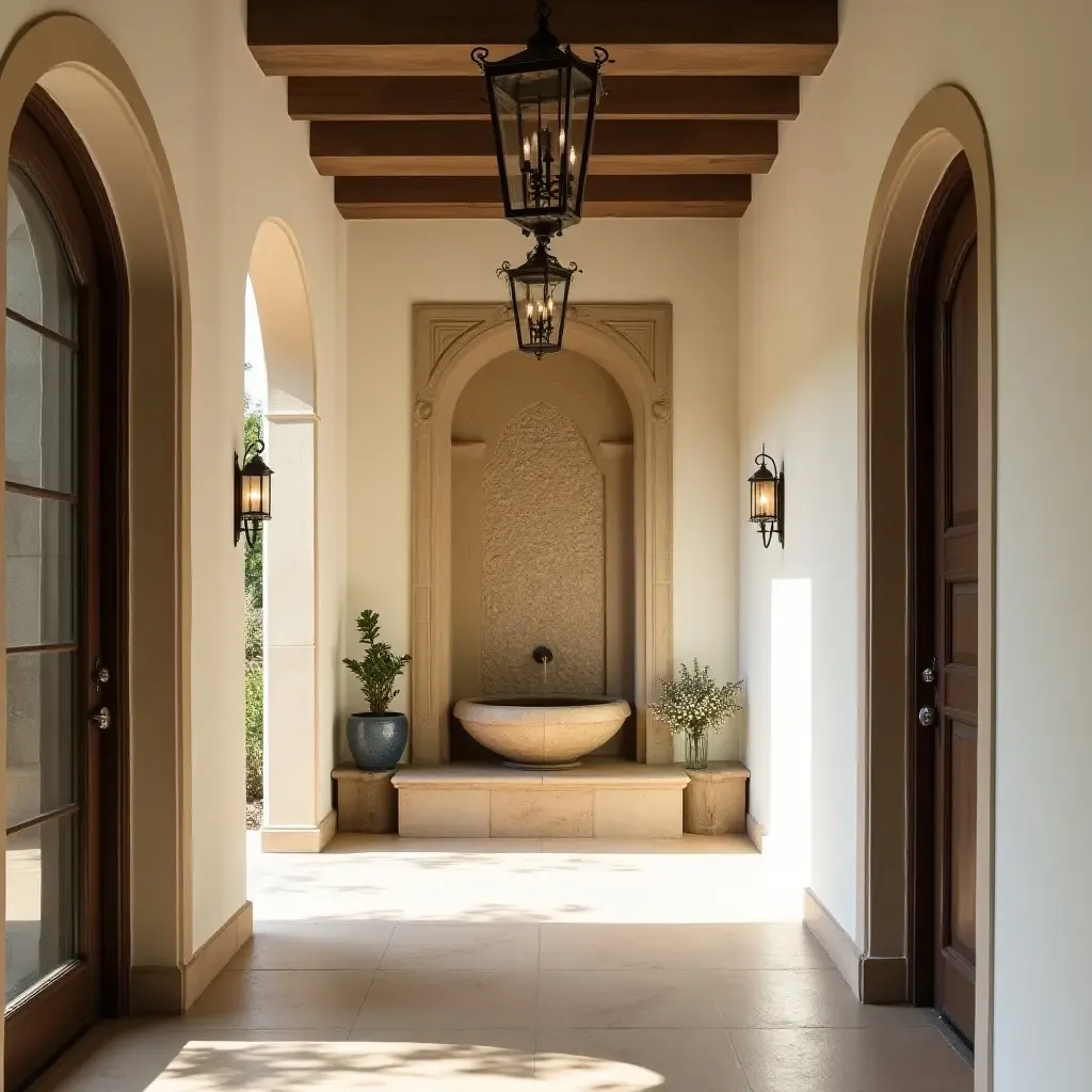 a photo of a Mediterranean-inspired hallway with a decorative wall fountain