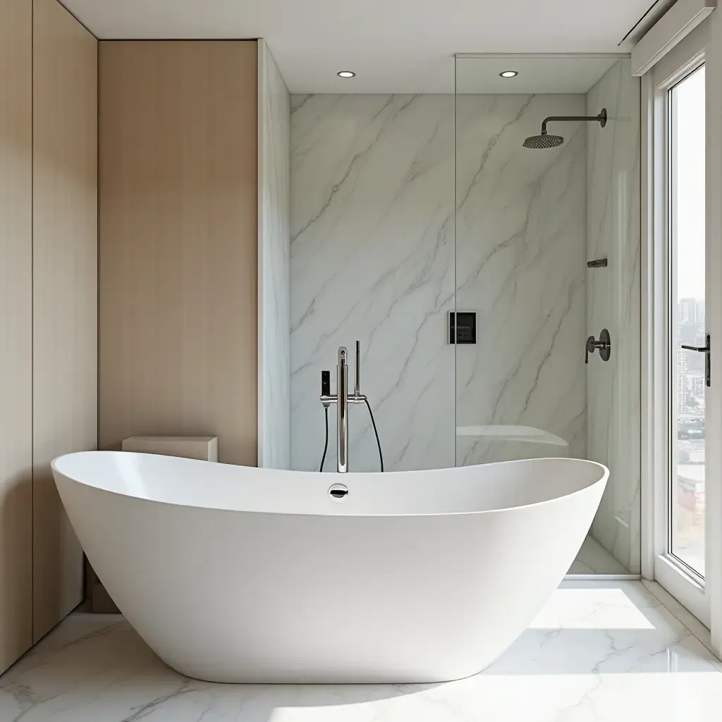 a photo of a freestanding tub with a stylish shower area nearby