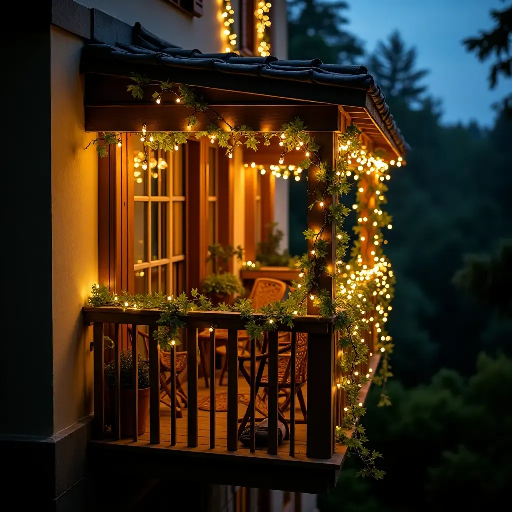 a photo of a balcony filled with fairy lights and trailing vines