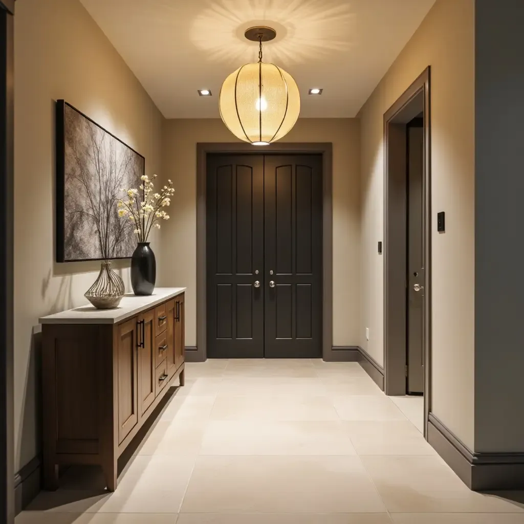 a photo of a stylish basement entryway with inviting pendant lighting