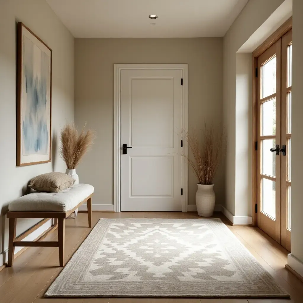 a photo of a cozy entryway featuring a large area rug and soft lighting