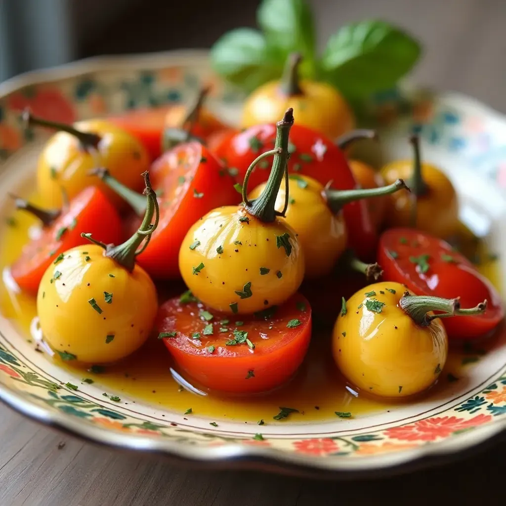 a photo of escalivada, roasted vegetables drizzled with olive oil, presented on a colorful ceramic dish.