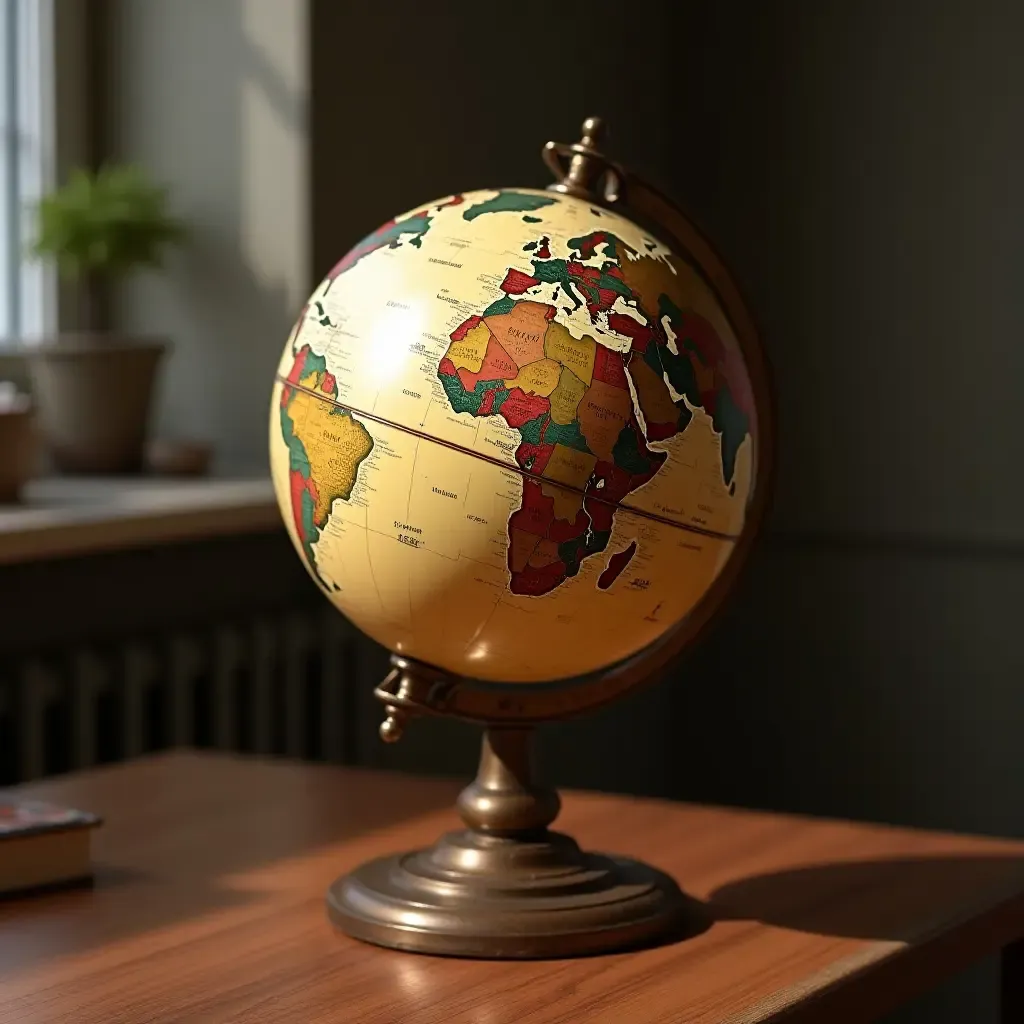 a photo of a vintage globe sitting on a desk