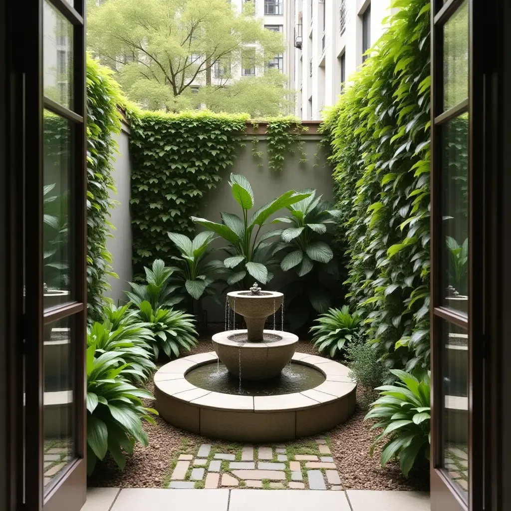 a photo of a balcony featuring a small water fountain surrounded by greenery