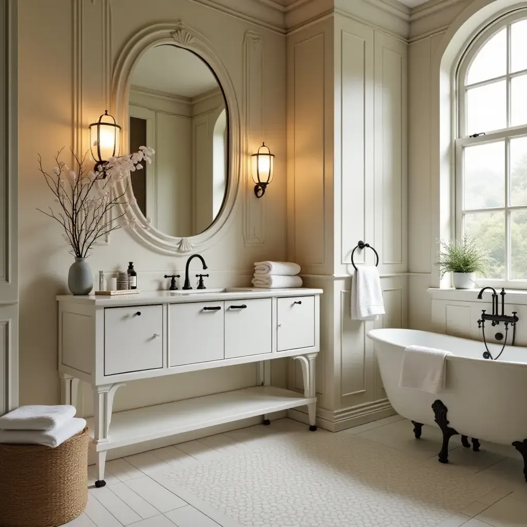 a photo of a bathroom featuring vintage art deco accents