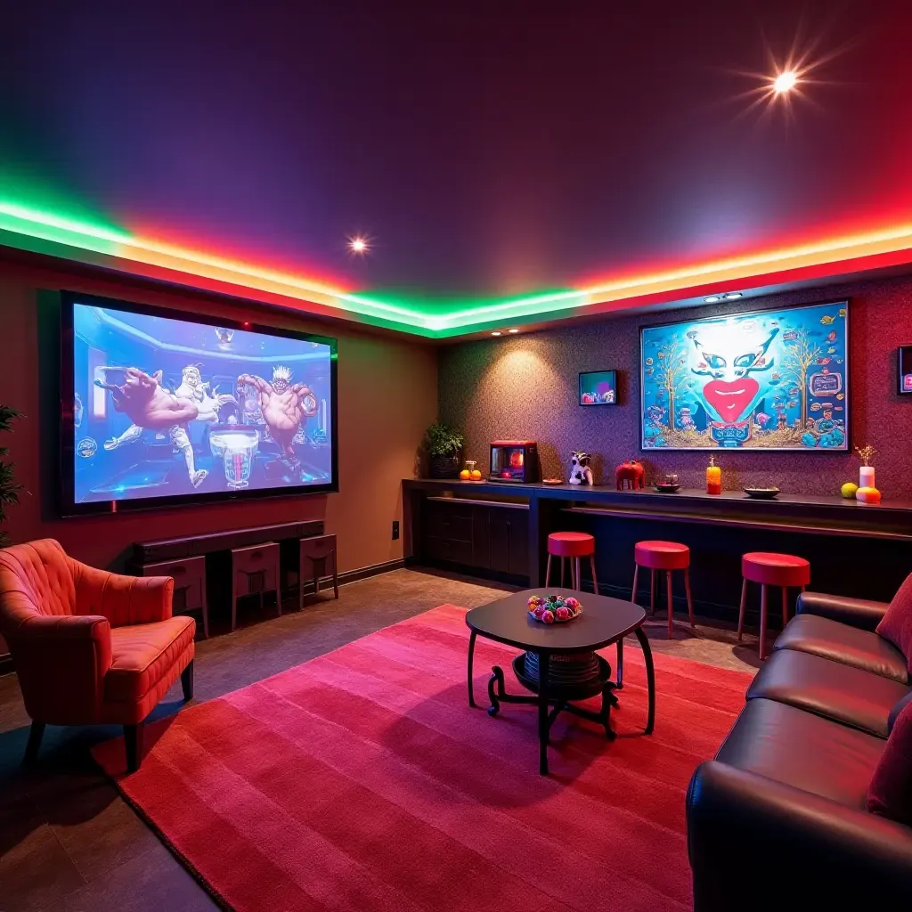 a photo of a vibrant game room in a basement with colorful decor and fun games