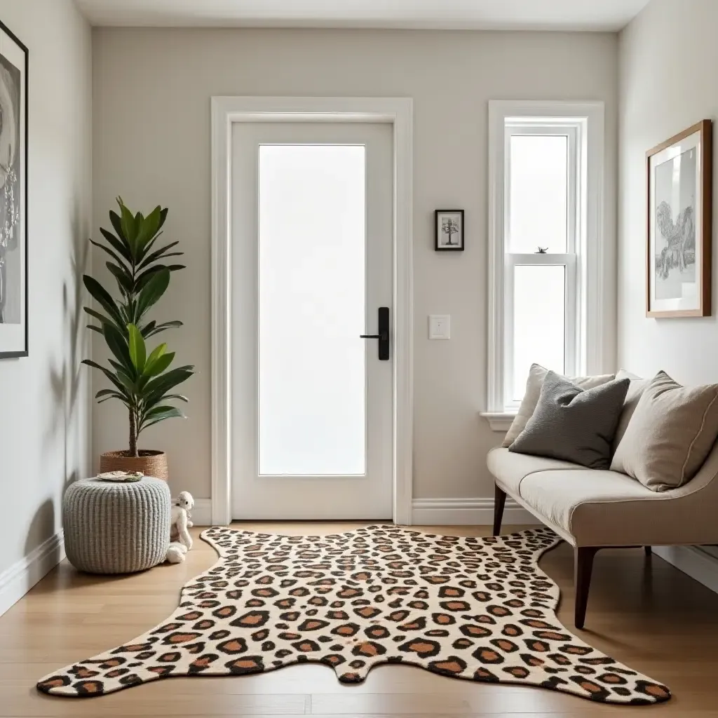 a photo of a playful animal print rug in a fun entrance hall