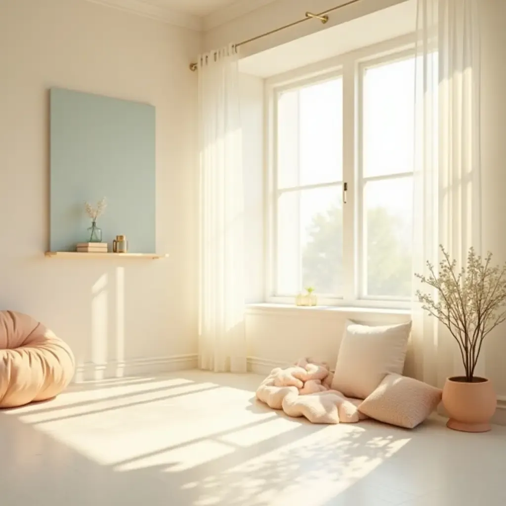 a photo of a sunlit room with pastel-colored decor and natural light