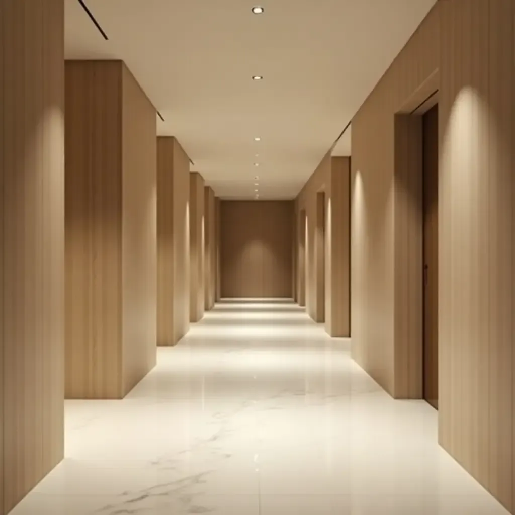 a photo of a minimalist corridor with a clean design and cozy atmosphere