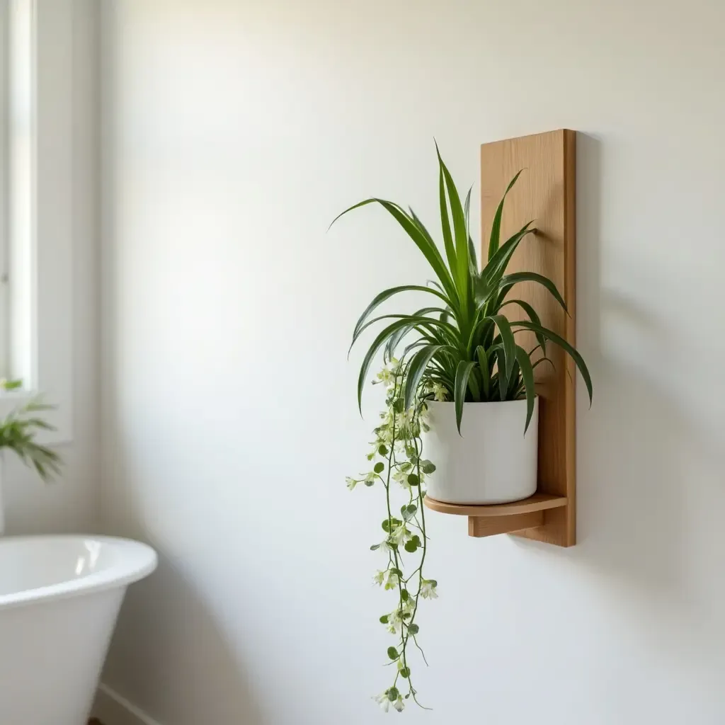 a photo of a charming wall-mounted plant holder in the bathroom