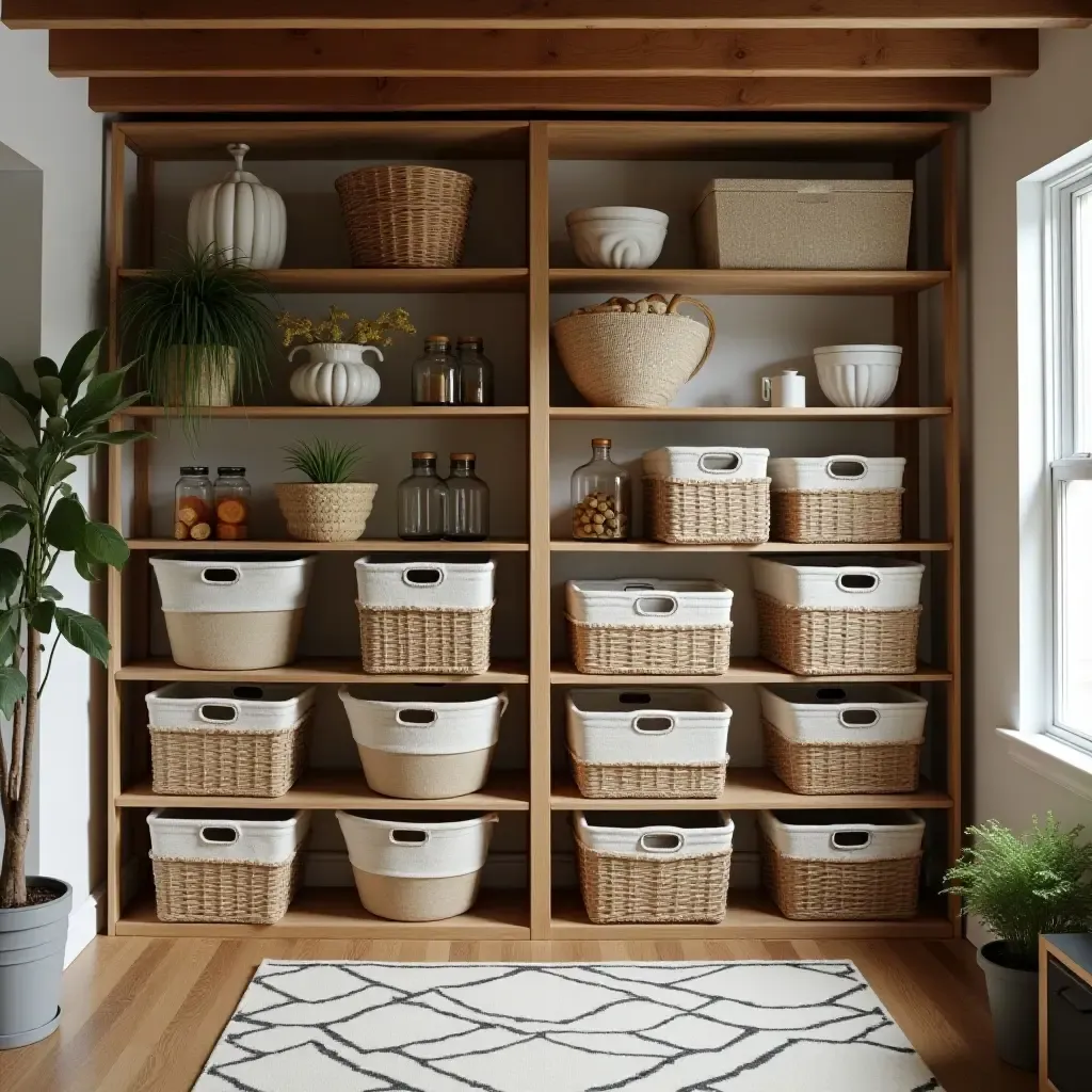 a photo of a basement storage area organized with farmhouse-style baskets and bins