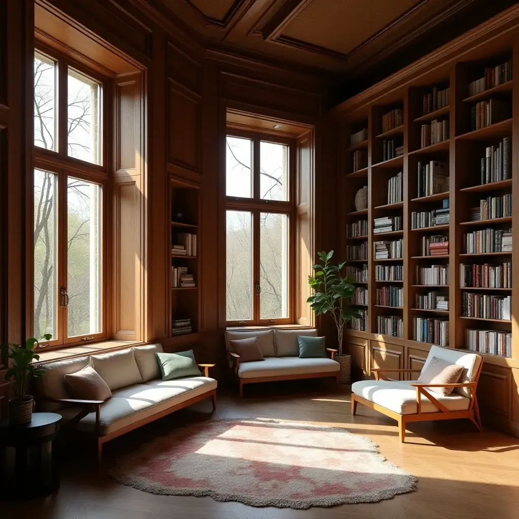 a photo of a library featuring wooden window frames and cushions