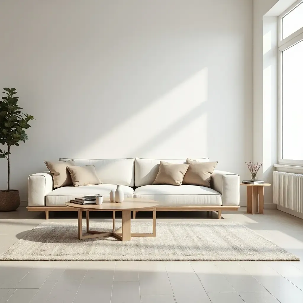 a photo of a minimalist living room with a statement rug and simple furnishings