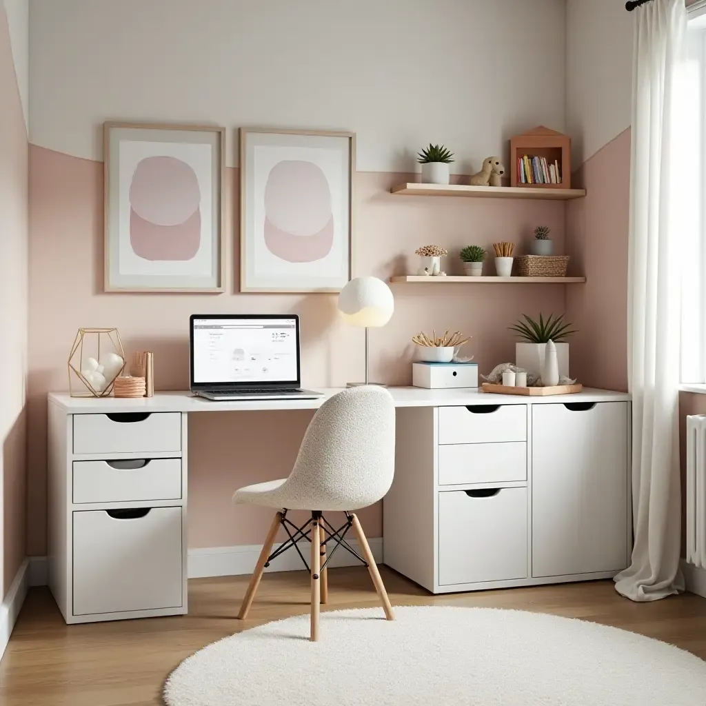 a photo of a chic teen bedroom with a foldable desk and creative storage solutions