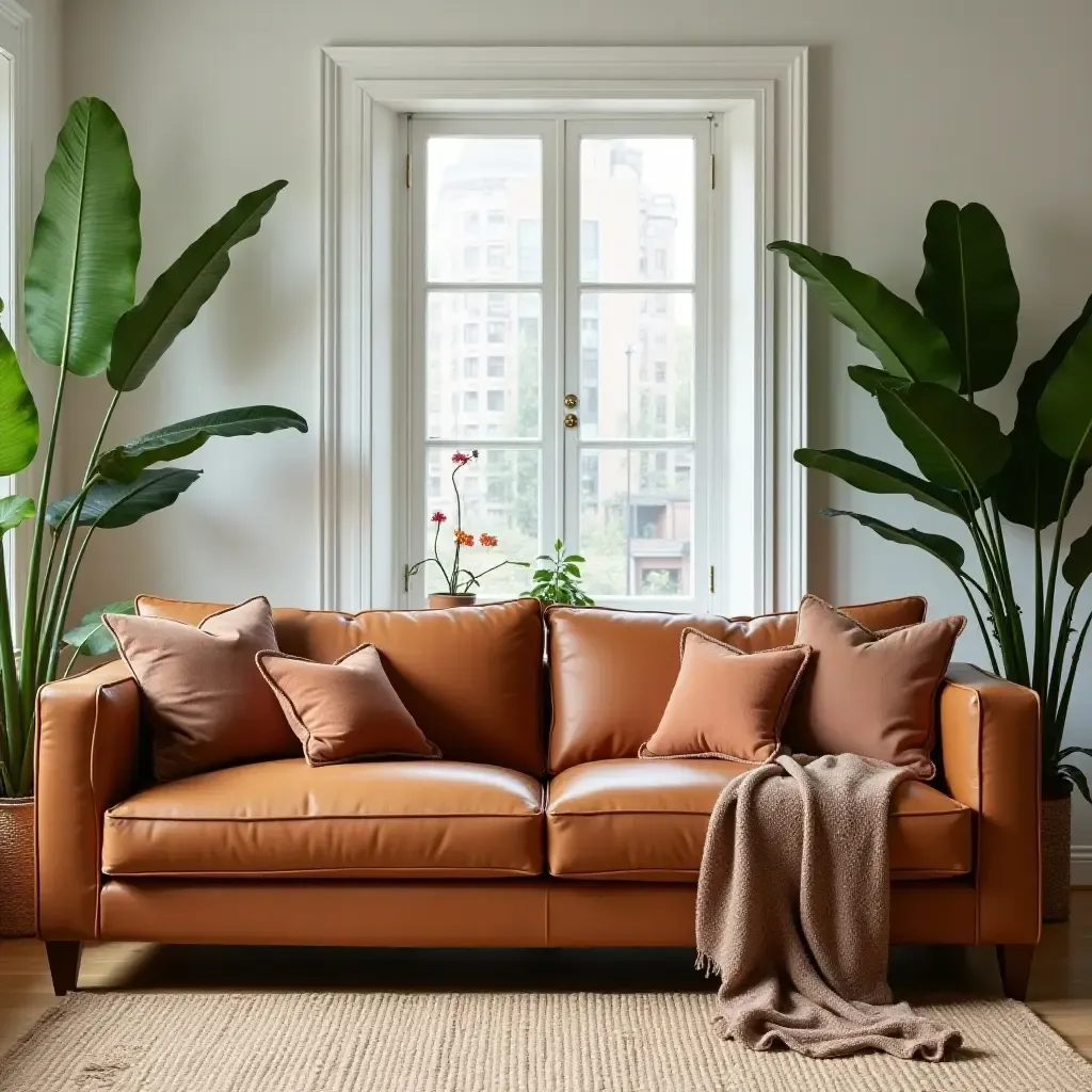 a photo of a living room featuring a cognac couch and lush indoor plants