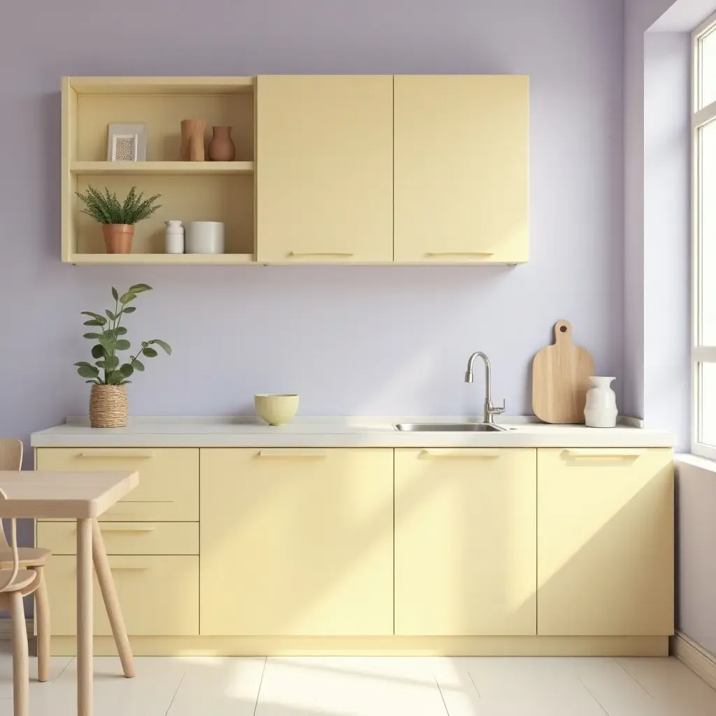 a photo of a light lavender and soft yellow kitchen with calming vibes