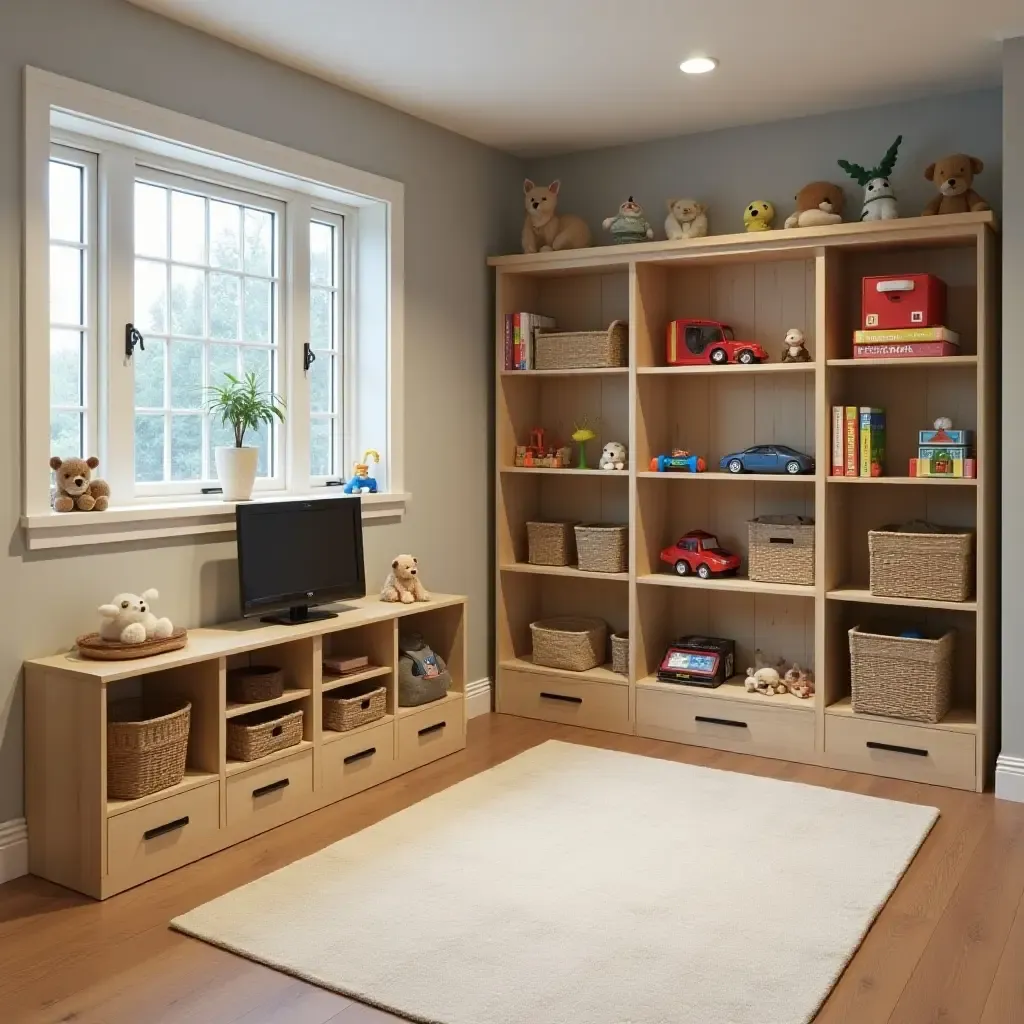 a photo of a basement playroom with clever toy organization