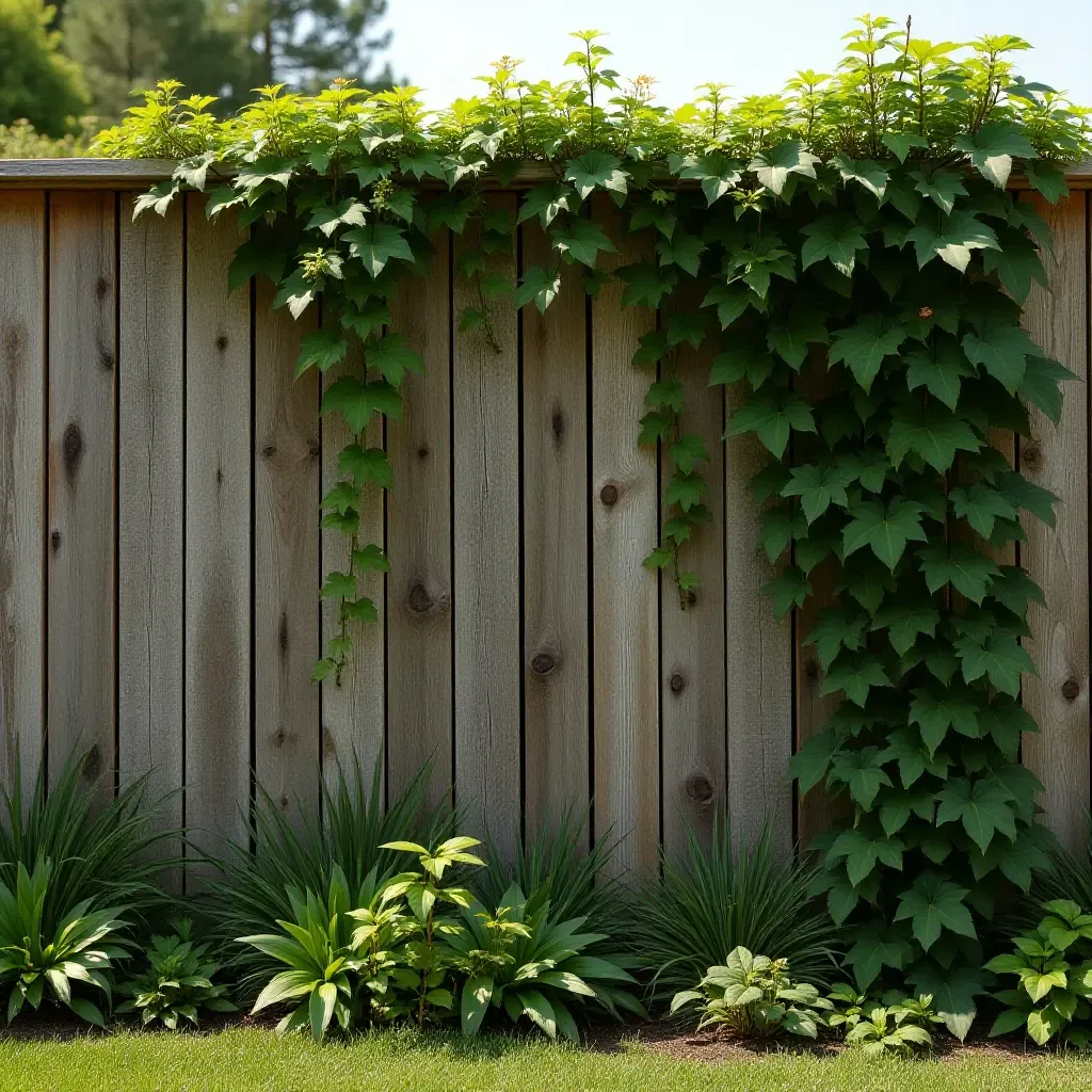 a photo of a rustic fence wall adorned with climbing plants