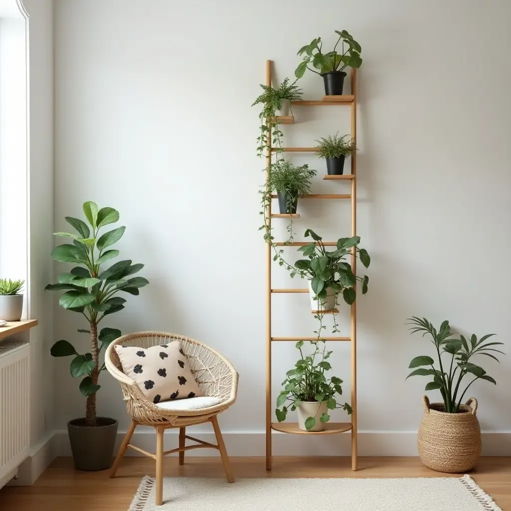 a photo of a nursery with a unique plant ladder as decor