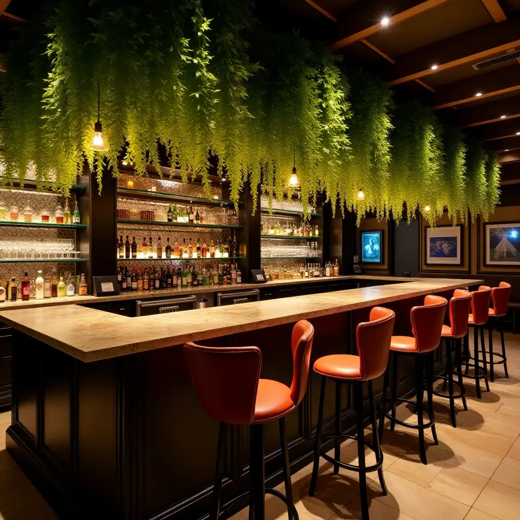 a photo of a basement bar area decorated with hanging ferns