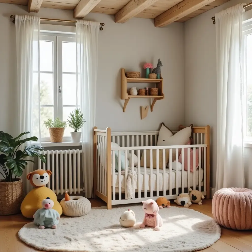 a photo of a cozy nursery featuring a rustic play area and colorful toys