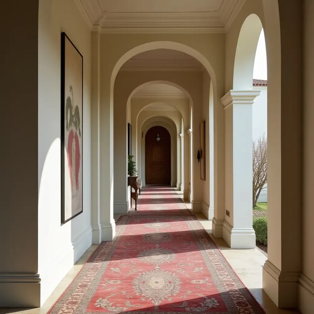 a photo of a vintage rug adding warmth to a corridor