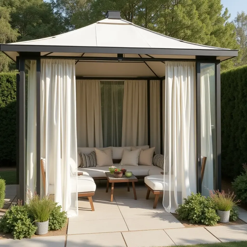 a photo of a stylish gazebo with sheer curtains and plush seating for relaxation