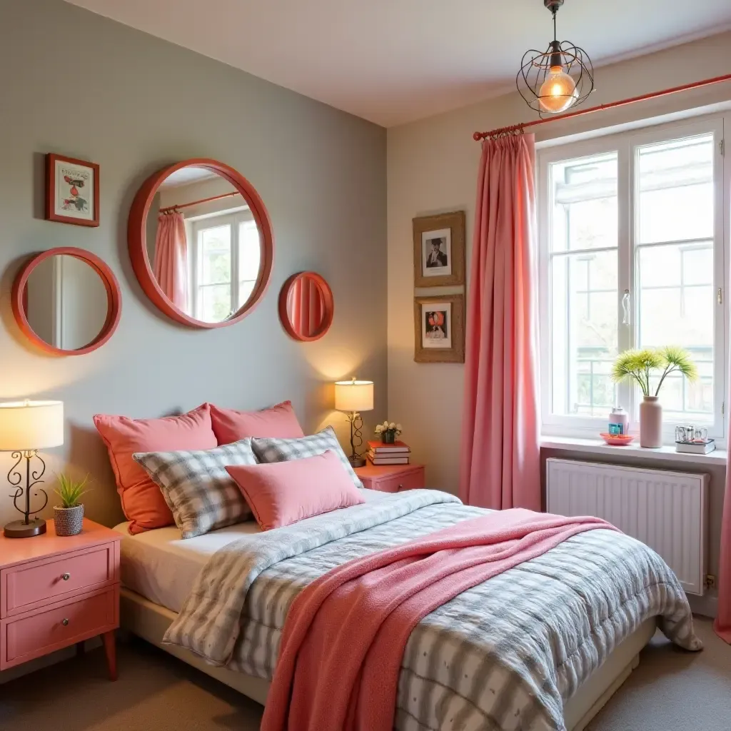 a photo of a colorful teen bedroom with decorative mirrors on the walls