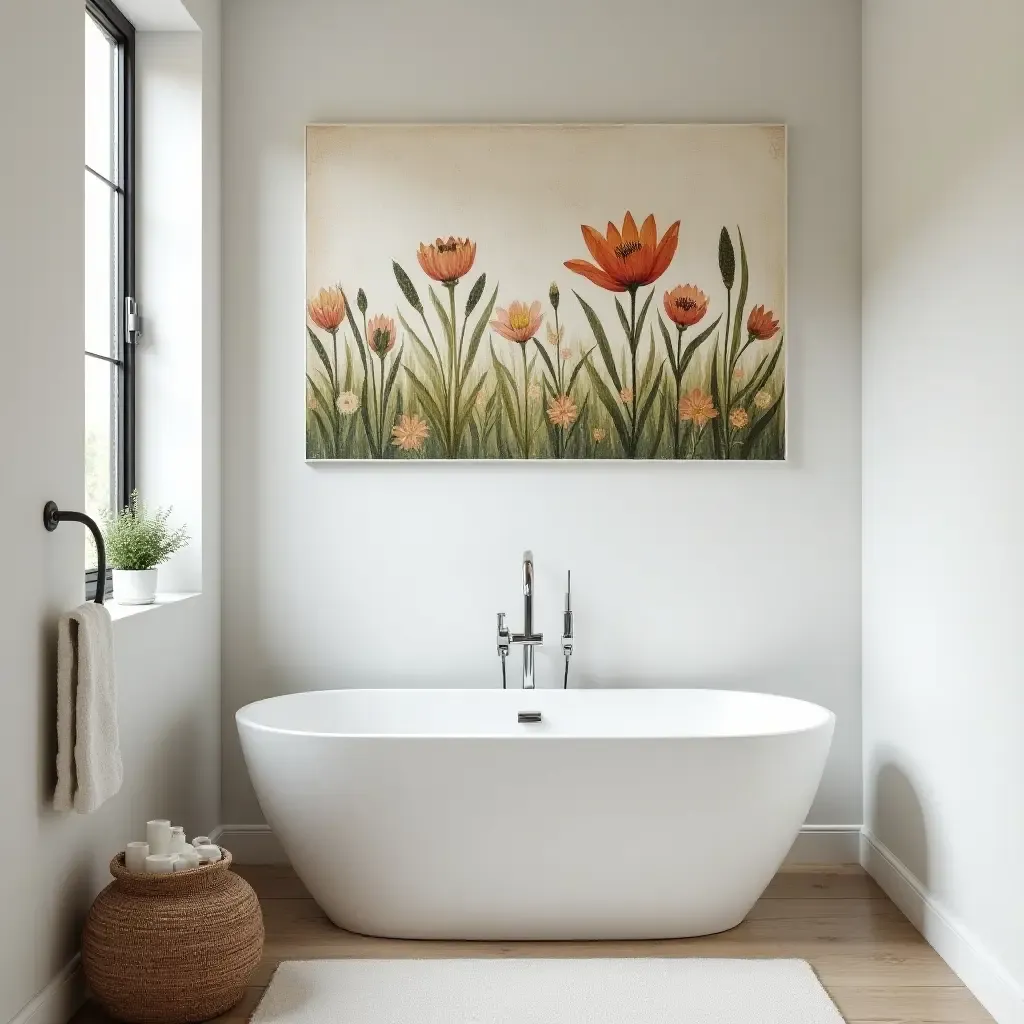 a photo of a nature-inspired wall art collage in a bathroom