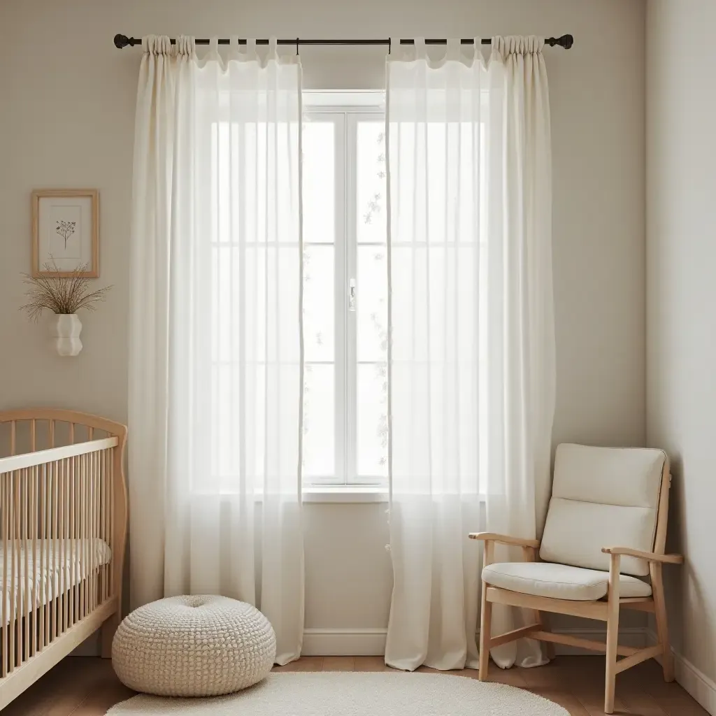 a photo of a charming nursery with lace curtains