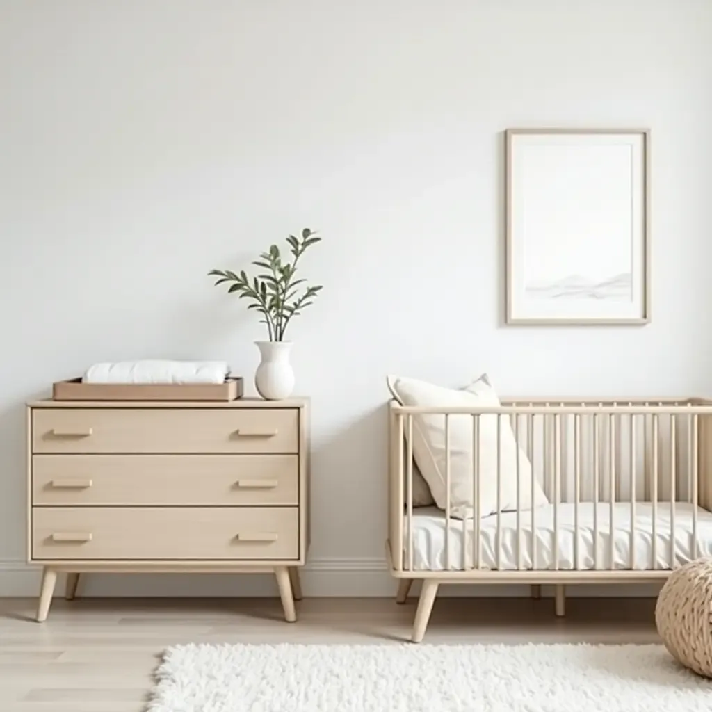 a photo of a stylish nursery with vintage changing table and contemporary crib