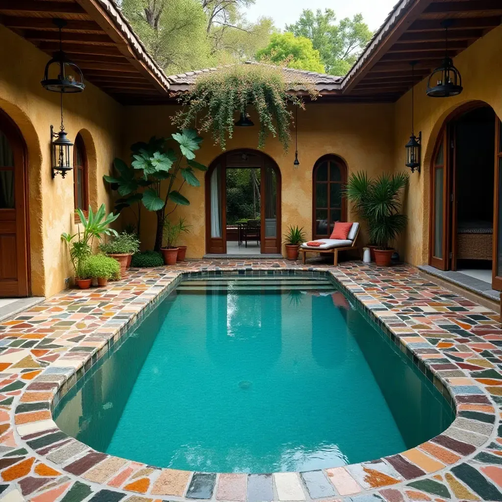 a photo of a rustic pool surrounded by colorful mosaic tiles and wooden accents