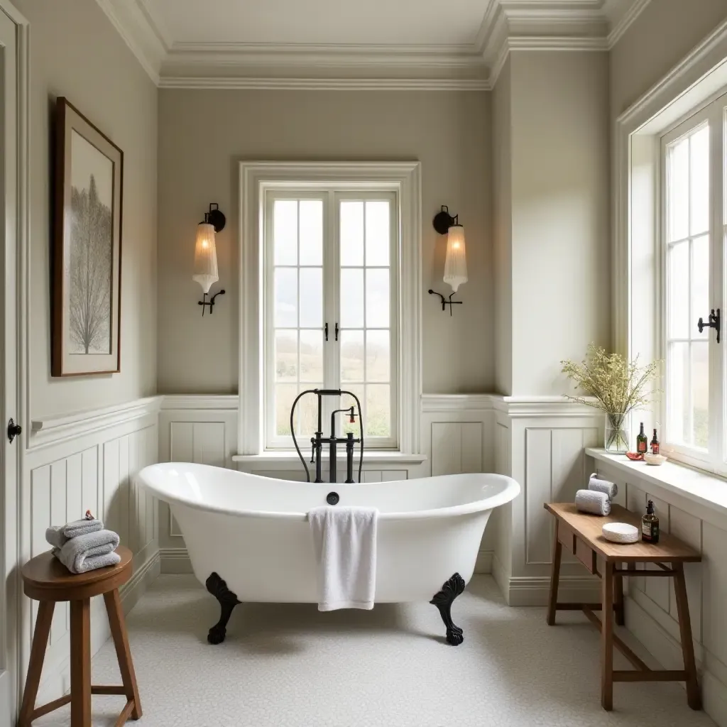 a photo of a bathroom featuring a vintage-inspired decor and chic accents