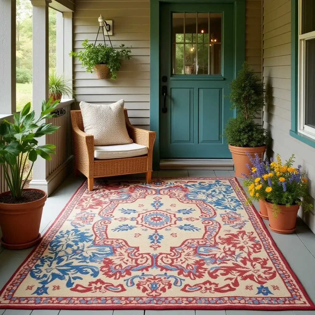 a photo of a colorful outdoor rug bringing warmth to a porch space