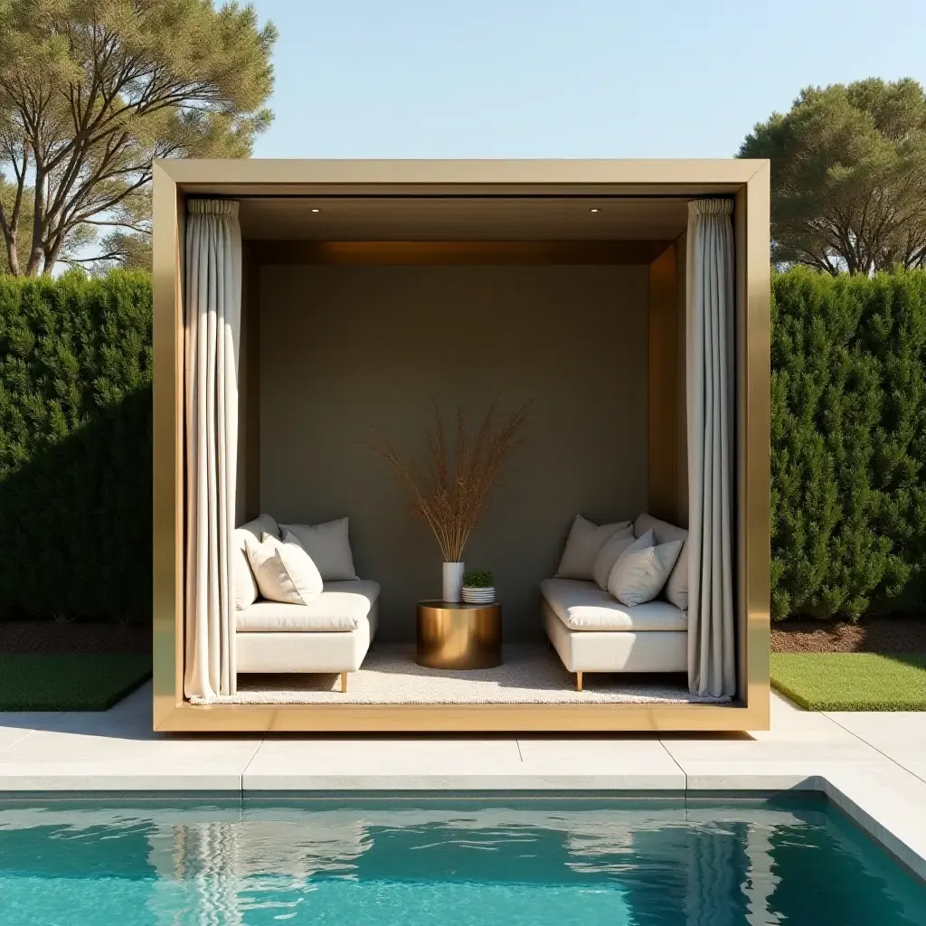 a photo of a stylish poolside cabana featuring metallic accents and plush seating