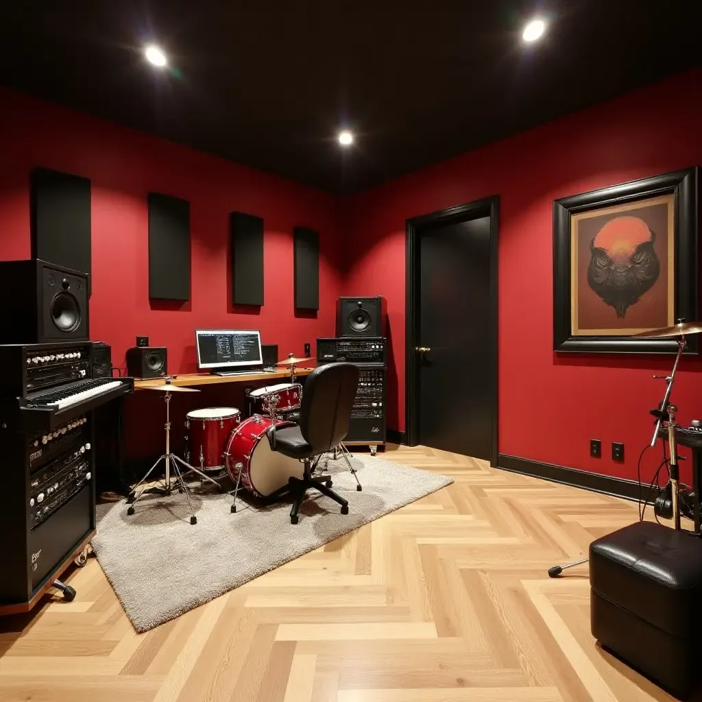 a photo of a basement music studio with soundproofing and adaptable layouts