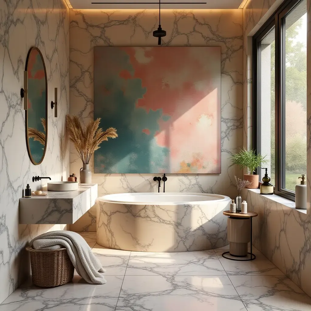 a photo of an artistic bathroom with colorful marble and unique decor