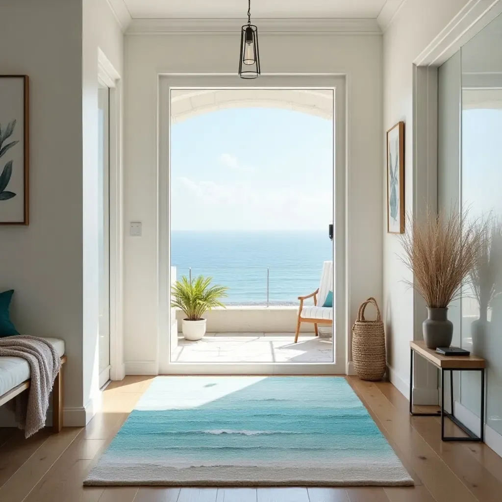 a photo of a calming ocean-themed rug in a beach house entrance