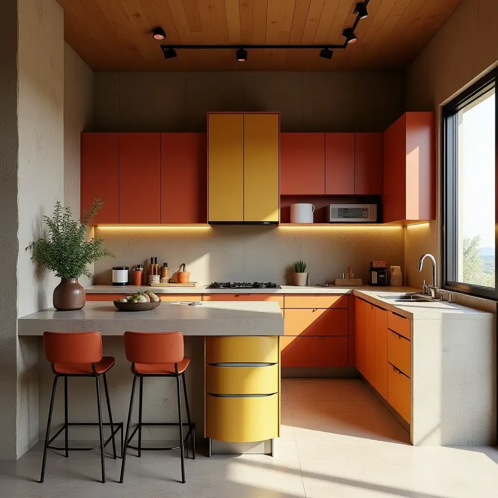 a photo of a vibrant kitchen with colorful wood, textured stone, and polished metal accents